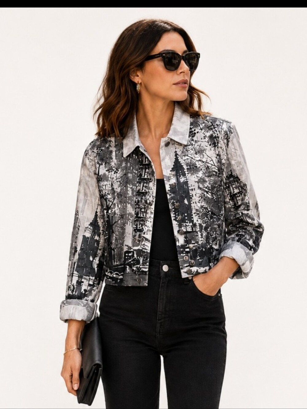 Raakhee Black White Cropped Cityscape Print Jacket Sz Lg